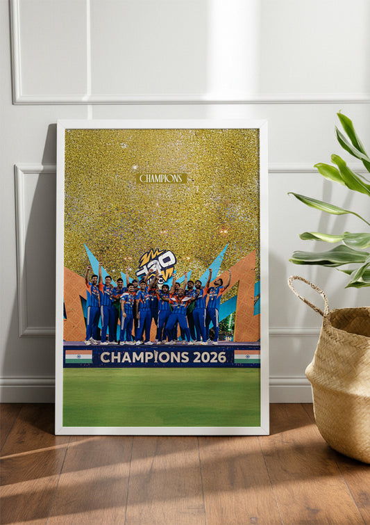 celebrating their victory as winners of the 2026 ICC Men's T20 World Cup| Cricket Frame & Poster
