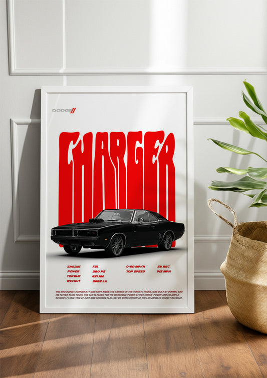 Black 1970 Dodge Charger R/T | Car Frame & Poster